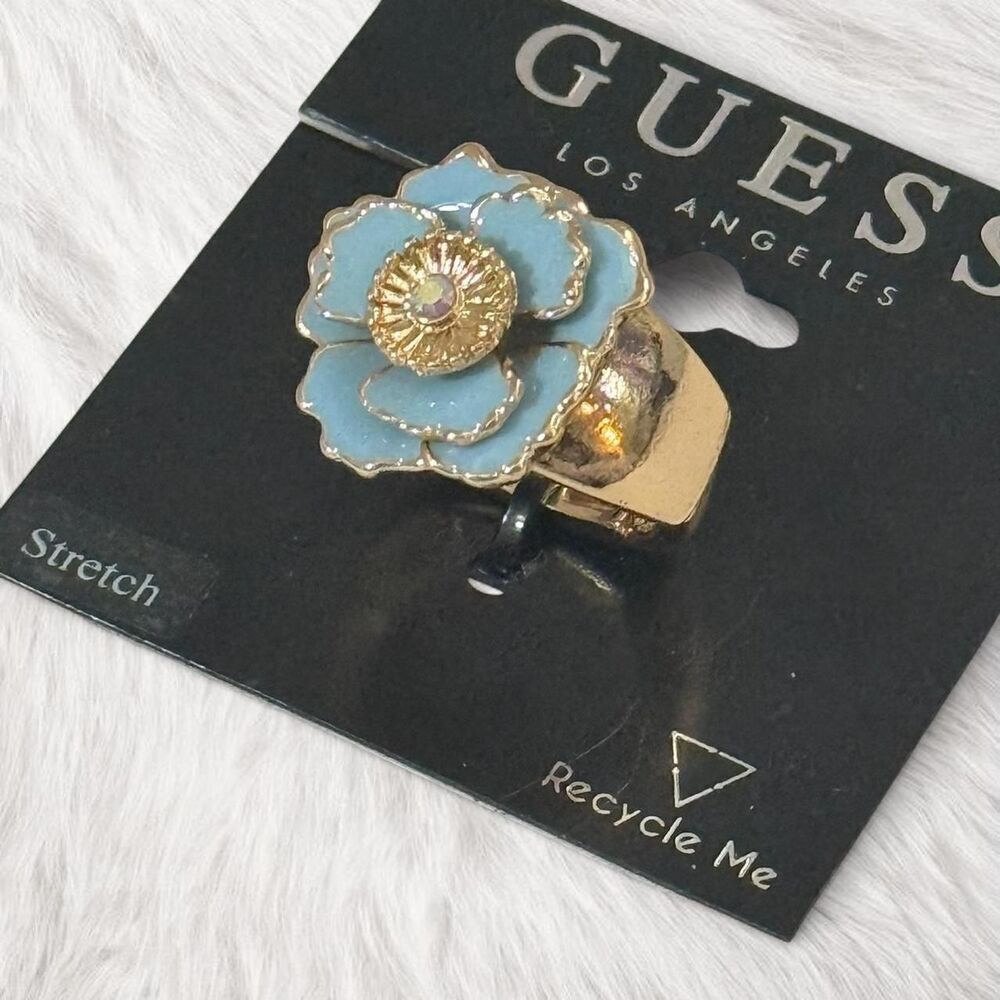 Guess NWT Whimsical adjustable stretchy blue gold flower ring